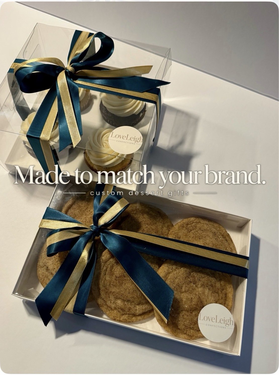 Branded cupcake and gourmet cookie gift boxes with teal and gold ribbon