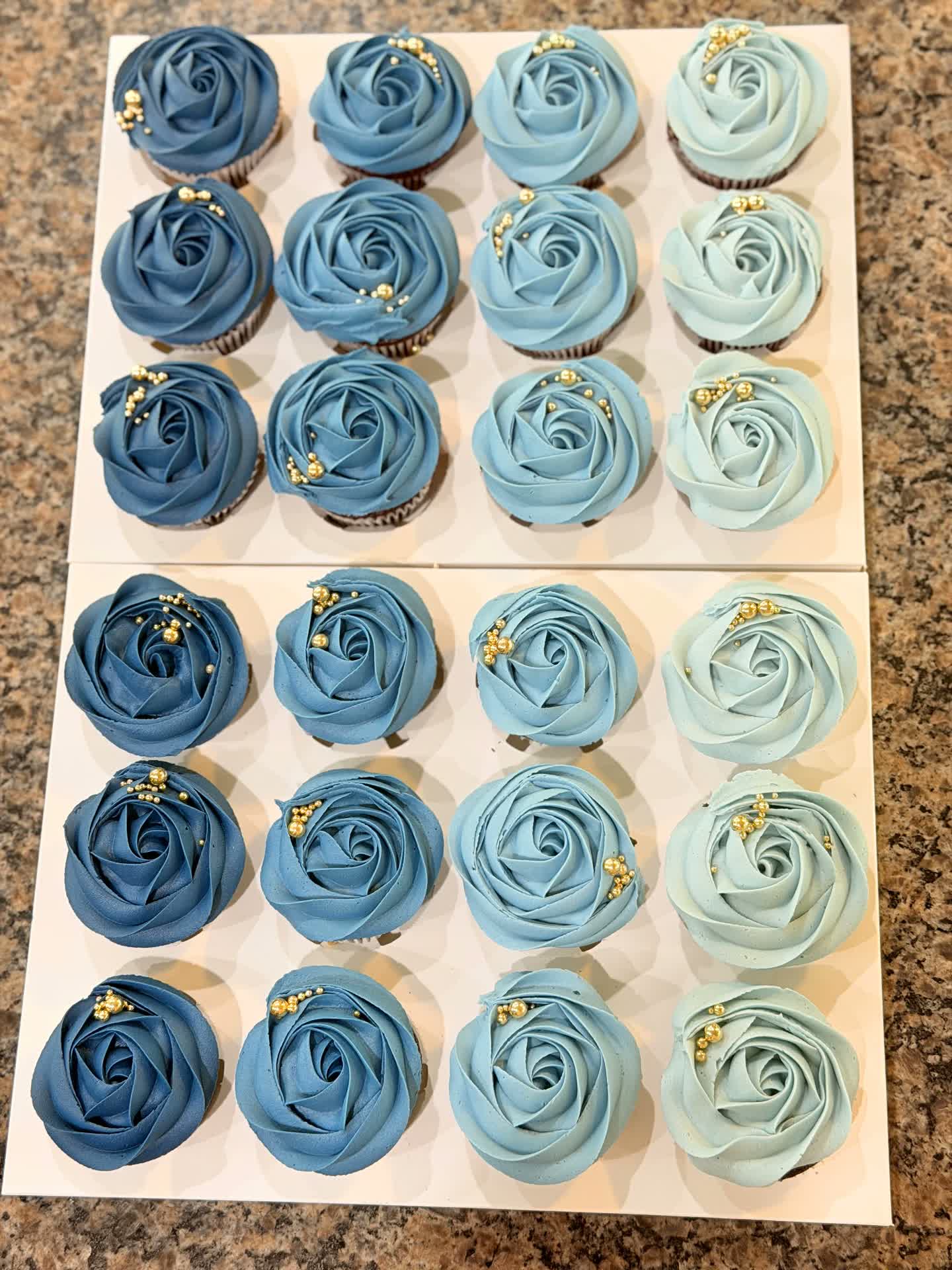Blue ombre buttercream rosette cupcakes with gold pearls