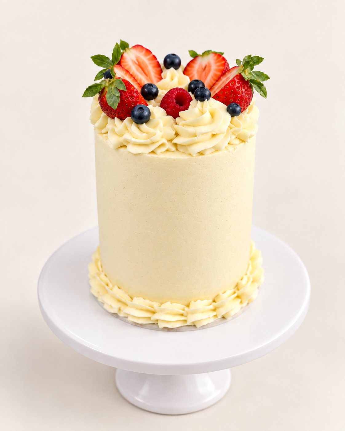 Buttercream cake topped with strawberries, blueberries and raspberries